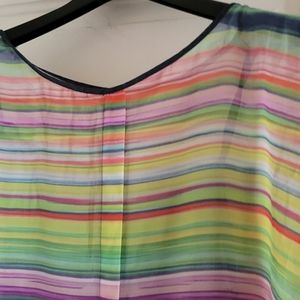 Multicolored sheer top with attached blue camisole